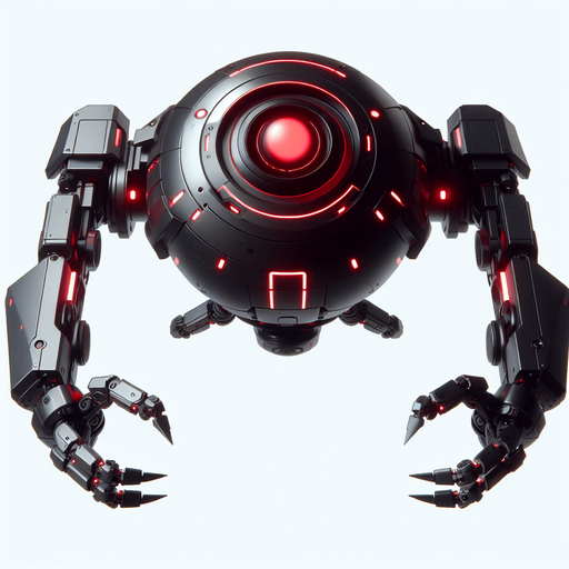 Overhead view. A hovering robot with a tapered midsection with two bulky arms with claw like hands and a giant red “eye” on top of its body. Looking straight down. Cyberpunk, black with red glowing highlights..
Single Game Texture. In-Game asset. 2d. Blank background. High contrast. No shadows.