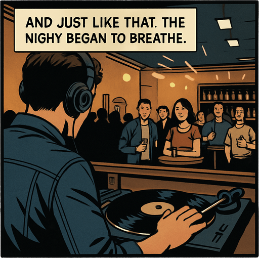 A comic panel styled like a square photo print with a clean white border. Realistic comic art. Scene: Over-the-shoulder view of Noah at the booth, the crowd in the bar small but curious. One hand on the vinyl, lights begin to flicker rhythmically. Narrator box at the top reads: “And just like that, the night began to breathe.”.
In-Game asset.  2d.  High contrast.  No shadows