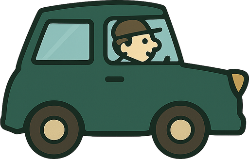 dark green car and driver. No background. Transparent background. Blank background. No shadows. 2d. In-Game asset. flat