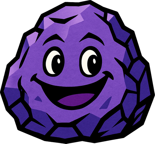 Genera una imagen de una roca morada sonriente.
In-Game asset.  2d.  High contrast.  No shadows