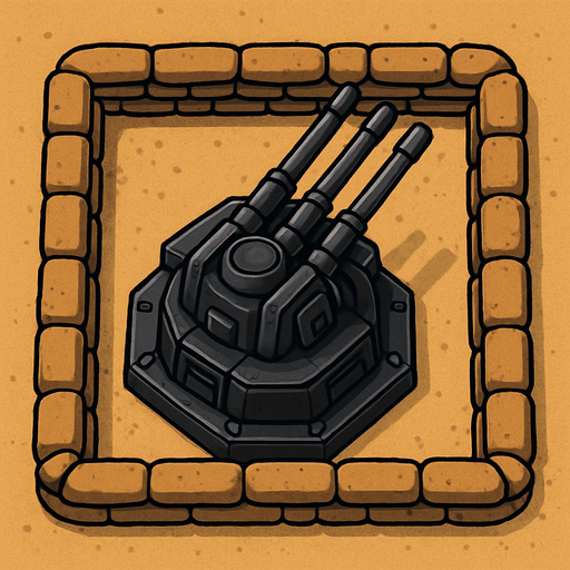 Top view of an Black defense Military tower large Anti air automatic triple barrel cannons, in the desert, the image has a square border outlined by military defense Brown sandbags.
In-Game asset.  2d.  High contrast.  No shadows