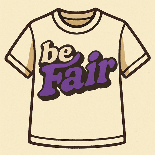 Beyaz bir t-shirt oluştur . üsütünde beFair yazsın t-shirtün . be beyaz Fair mor renkte olsun . retro temada olsun.
In-Game asset.  2d.  High contrast.  No shadows