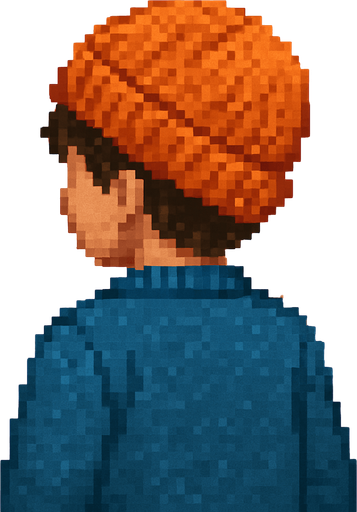 pixel mavi kazaklı yüzü dönük çocuk yap. beresi turuncu olsun