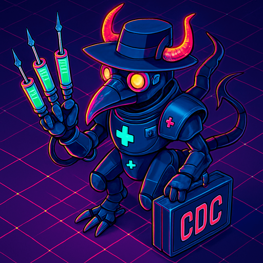 Neon cyberpunk anime top down isometric animatronic plague doctor cyborg demon medic CDC corporate robot monster disease pestilence medicine syringes