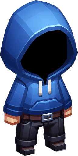 Pessoa pequena de cabelo preto usando capuz azul e calça azul pequena que esconde sua face com o seu capuz.
Single Game Texture. In-Game asset. 2d. Blank background. High contrast. No shadows.