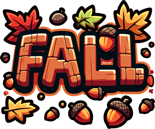 Create an SVG text design for "FALL" in bold cartoon style with chunky rounded letters. Add small falling leaves and acorn accents in warm autumn colors.​​​​​​​​​​​​​​​​.
Single Game Texture. In-Game asset. 2d. Blank background. High contrast. No shadows.