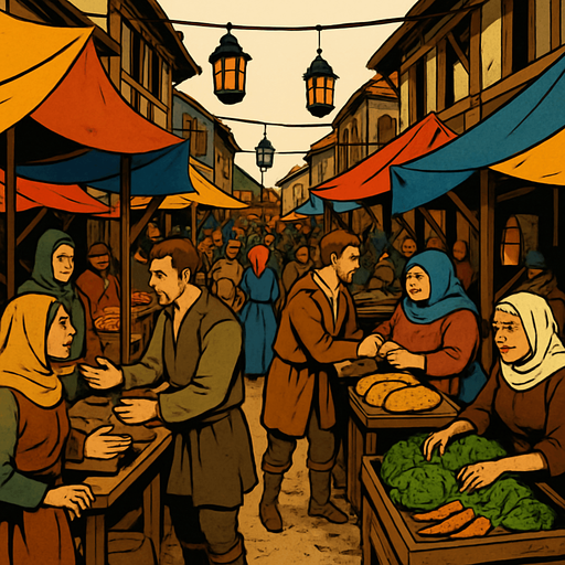 A crowded medieval street market with colorful tents, villagers bargaining, hanging lanterns, dirt road and wooden stalls, lively and rustic, realistic.
In-Game asset.  2d.  High contrast.  No shadows