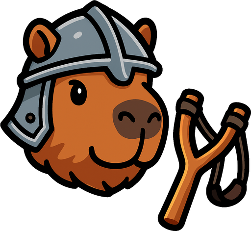 Una cabeza de un capibara en estilo cartoon. Debe tener un casco medieval. A su lado debe esatr un resortera. Quita el fondo..
In-Game asset.  2d.  High contrast.  No shadows
