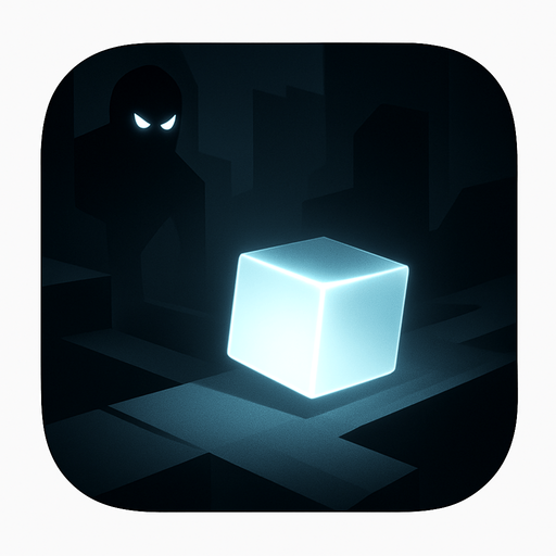 Modern App Store icon, high definition, square with rounded corners, for a game titled "Sqube Darkness" and with the description "An atmospheric endless runner where you guide a glowing cube through a procedurally generated dark world. Master running, jumping, and sliding to avoid obstacles while occasionally using shadows to hide from enemies. Every run offers a unique challenge with a striking monochrome aesthetic and satisfying movement mechanics.". No text on icon!