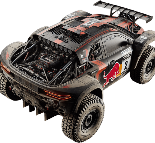 Photorealistic Cross-Country Dakar-Rally-Car from topback view.