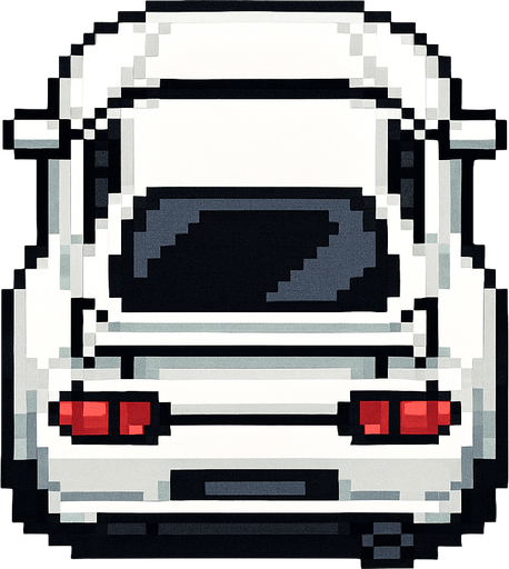 un coche blanco deportivo hecho con pixeles con perspectiva desde arriba de la parte trasera.
In-Game asset.  2d.  High contrast.  No shadows