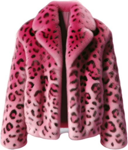 Pink leopard mink coat.
Single Game Texture.  In-Game asset.  2d.  Blank background.  High contrast.  No shadows