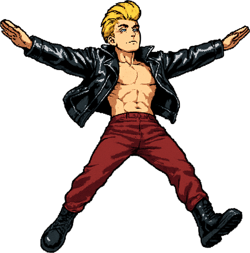 Swishy graceful man Cyberpunk manga, flying skydiving arms and legs flat straight face up, shiny black leather biker jacket longsleeves shirtless Skinny abs blonde pompadour guy, action shot wine red joggers combat boots, Background removed, "Full-body character, entirely in frame, no cropping of face, head, or feet" "Complete character visible, from head to toe, fully centered in the image" "Entire character, including face and boots, fully within the frame" Character fully contained within a square frame, no edges cut off fashion model pose