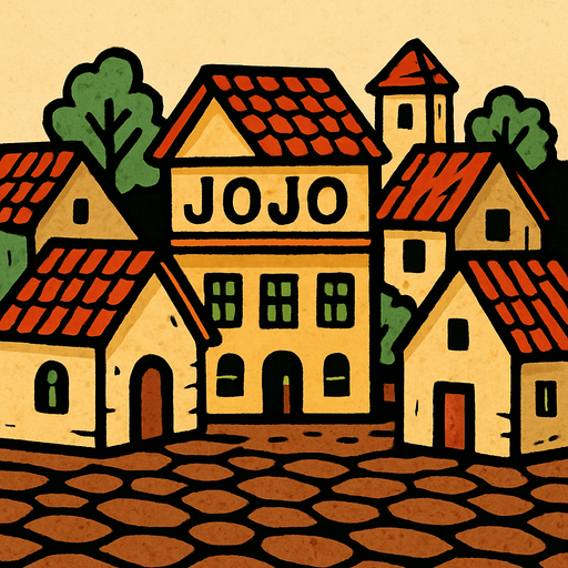 Un pueblo con casa y un piso café jojo's.
In-Game asset.  2d.  High contrast.  No shadows