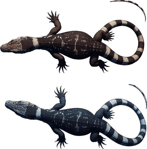 Goanna swimming top down view.
Single Game Texture.  In-Game asset.  2d.  Blank background.  High contrast.  No shadows