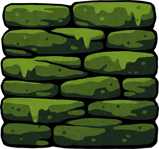 a wall built with flat, mossy stones.
In-Game asset.  2d.  High contrast.  No shadows