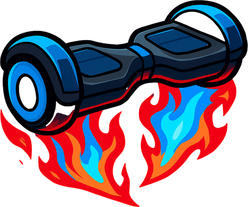 a hover board with colorful blue and red flames underneath.
In-Game asset.  2d.  High contrast.  No shadows