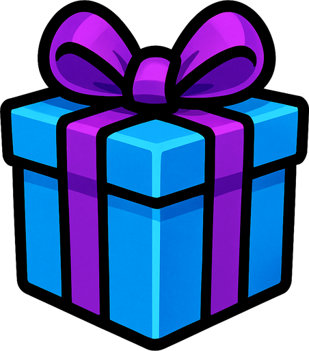 It has a purple ribbon and ribbons on a blue gift box.
In-Game asset.  2d.  High contrast.  No shadows