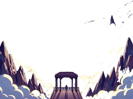 epic landscape intro in the clouds. cartoon 2d style. It has the title: "Saint Karma"