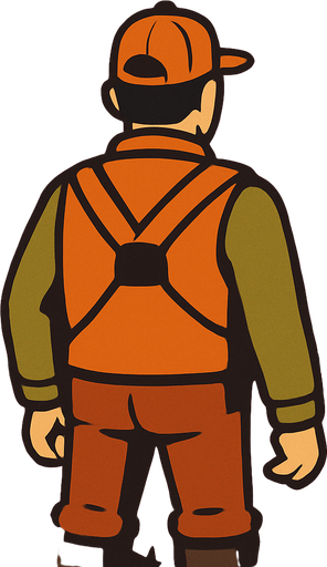 Duck hunter without gun from behind of him.
In-Game asset.  2d.  High contrast.  No shadows