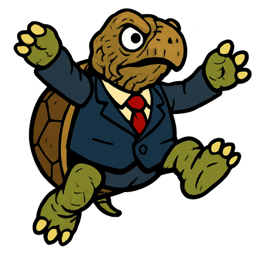 Irregular old land turtle wearing a suit with a red tie in a jumping position.
In-Game asset.  2d.  High contrast.  No shadows