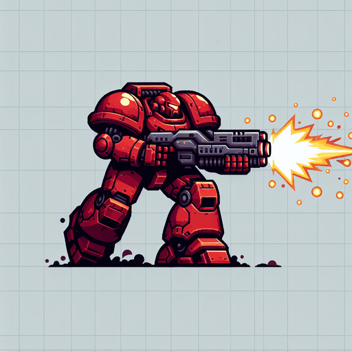 red robot look like gundam shoot enemy.
Single Game Texture.  In-Game asset.  2d.  Blank background.  High contrast.  No shadows