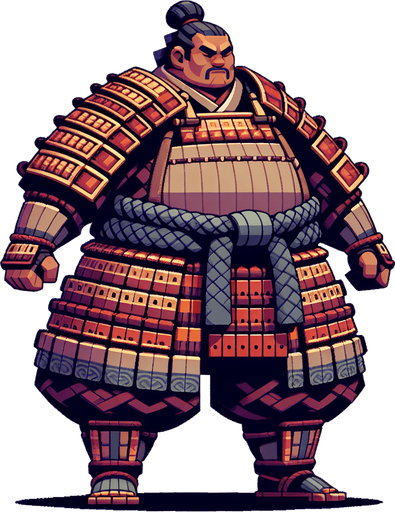 a samurai sumo big in size.
Single Game Texture. In-Game asset. 2d. Blank background. High contrast. No shadows.