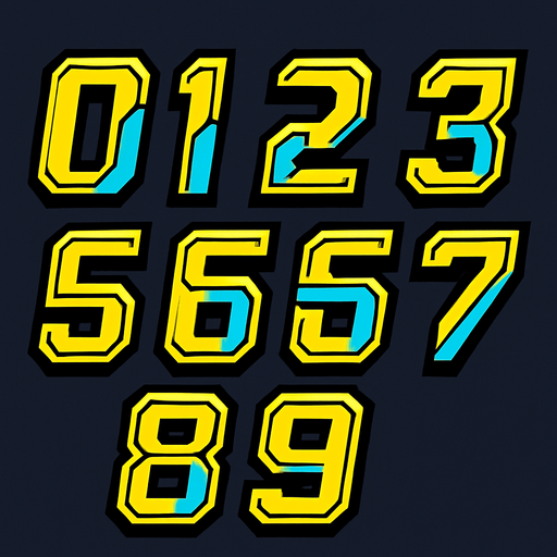 Display icons of Numbers 0 to 9 in SciFi comic style font.
In-Game asset.  2d.  High contrast.  No shadows