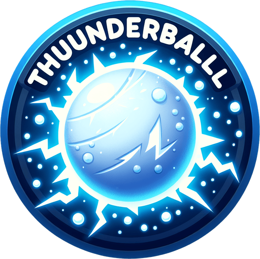 Icon for a electified snowball, on a circle, with the text „Thunderball“ at top, cartoon, christmas style Single Game Texture. In-Game asset. 2d. Blank background. High contrast. No shadows.