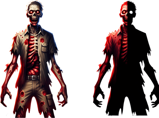 a two d zombies
\.
Single Game Texture.  In-Game asset.  2d.  Blank background.  High contrast.  No shadows