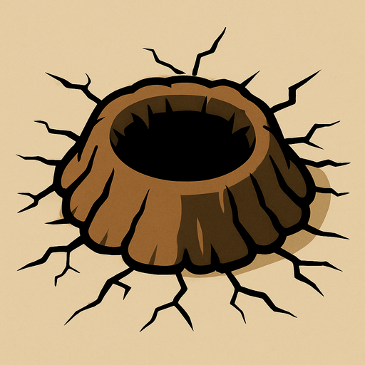 bir köstebek çukuru ama köstebeksiz etrafında çatlaklar olan ve yukarı doğru çıkan bir delik.
In-Game asset.  2d.  High contrast.  No shadows