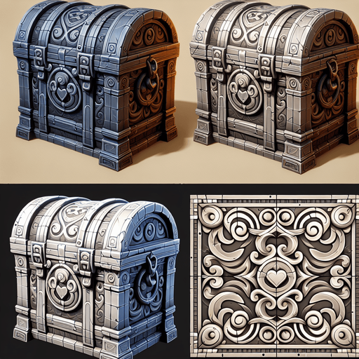 A chest for 2d game.
Single Game Texture. In-Game asset. 2d. Blank background. High contrast. No shadows.