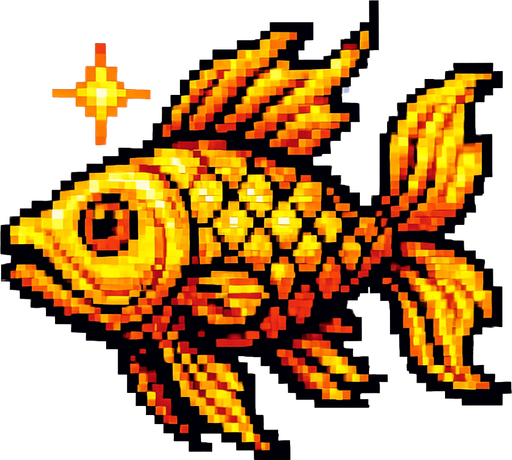 A shining golden mythical fish. Side profile, swimming. 
80s arcade machine graphics. White background. 
In-Game asset.  2d.  High contrast.  No shadows