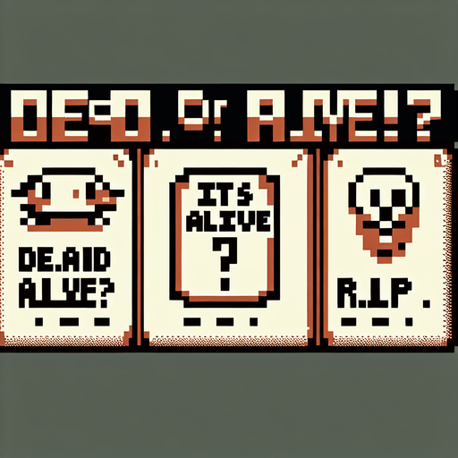 8 bit. cartoon. brown background. message that reads:
DEAD OR ALIVE?
IT'S ALIVE!
R.I.P..
Single Game Texture. In-Game asset. 2d. Blank background. High contrast. No shadows.