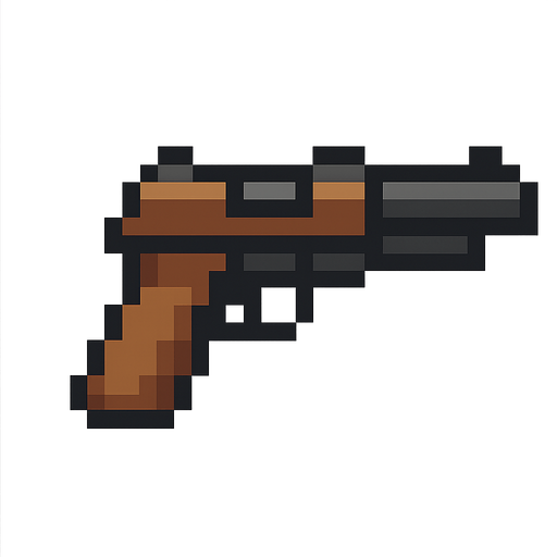 A pixelated gun.
Single Game Texture.  In-Game asset.  2d.  Blank background.  High contrast.  No shadows