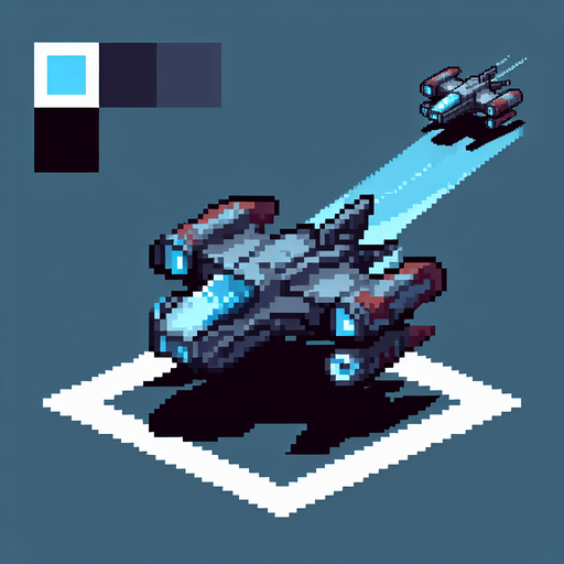 Spaceship 2D Pixel..
Single Game Texture. In-Game asset. 2d. Blank background. High contrast. No shadows.