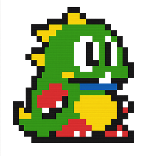 The dragon from bubble booble, the arcade game. Retro, pixel style. Modernized for more pixels that originally, but keeping pixel style. High contrast..
In-Game asset.  2d.  High contrast.  No shadows