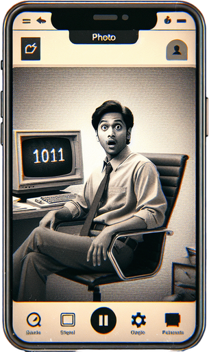 A clean mobile app interface designed to display photos from a user’s phone, with a retro aesthetic for the displayed image. The screen showcases a single black-and-white photo, styled to mimic a grainy 90s film capture. The photo shows a young man in his 30s, sitting in an office chair and looking surprised at the camera as if caught off guard.

The office environment is cluttered with retro elements like a CRT monitor, stacks of papers, a desk lamp, and a vintage rotary phone. The monitor subtly displays binary code '1011,' hidden among other on-screen data. The photo frame has faint edges, resembling a classic film border, with subtle scratches and grain to enhance the retro feel. The app interface itself is minimal, with a back arrow at the top-left and a small menu icon at the top-right, keeping the focus on the photograph..
Single Game Texture. In-Game asset. 2d. Blank background. High contrast. No shadows.