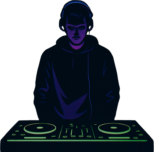A cinematic comic book-style vertical panel, 2048x2732. Inside a moody, dimly lit underground bar, a lone DJ (Noah) stands behind a glowing DJ booth, facing forward but with his head slightly bowed. Sparse silhouettes of a few customers sit at shadowy tables, blurred by distance and smoke. Purple and blue neon lights gently illuminate the space. The atmosphere feels still, as if something important just began. A faint spotlight outlines Noah's figure. This scene conveys calm before momentum, subtle drama and emotional depth. No text or narration in the image..
In-Game asset.  2d.  High contrast.  No shadows