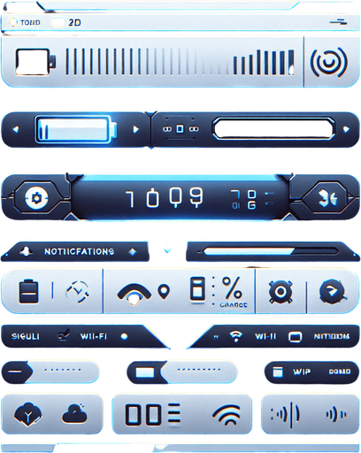 A 2D top UI bar for a mobile phone interface, designed with a futuristic aesthetic. The bar is flat and minimalistic, stretching horizontally across the top of the screen. On the right side, a simple battery icon is displayed, filled to indicate the charge level. The rest of the bar features small, clean icons for signal strength, Wi-Fi, and notifications, along with a digital clock in a modern, futuristic font. The design is clean and functional, with subtle accents like soft blue highlights to give it a slightly futuristic feel while keeping it simple and UI-focused..
Single Game Texture. In-Game asset. 2d. Blank background. High contrast. No shadows.