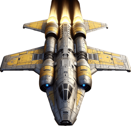 Create a highly detailed image of a space shuttle top view with no angel soaring through deep space. The shuttle should have a sleek, aerodynamic design with visible engines emitting a faint blue glow. It should feature realistic textures, metallic surfaces, and visible symbols. Make the shuttle color Yellowish. Make it straight going forward.
Single Game Texture. In-Game asset. 2d. Blank background. High contrast. No shadows.