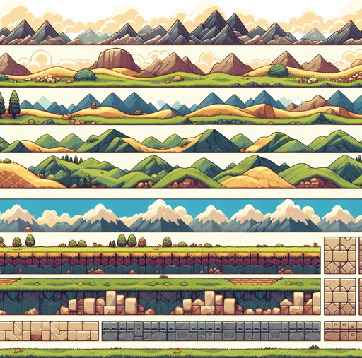 A tilesheet showing different terrains for the ground and platforms in an endless runner game. Some segments should be horizontal, while some should be going slightly uphill or downhill. Each segment should be approximately the same length, and they should have similar textures that allow them to more or less seamlessly be pieced together to form larger stretches. The tileset should only include the ground segments and not any backgrounds. Mountaineous, grassy, medieval fantasy..
Single Game Texture. In-Game asset. 2d. Blank background. High contrast. No shadows.