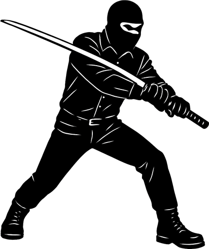 hombre con camisa negra de manga larga, pantalones negros, botas negras y guantes negros y un pasamontañas negro atacando con una katana con un mango negro.
In-Game asset.  2d.  High contrast.  No shadows