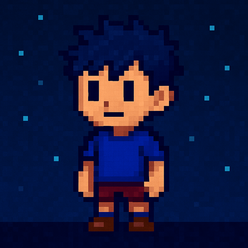 Niño pero de noche pixelart.
In-Game asset.  2d.  High contrast.  No shadows
