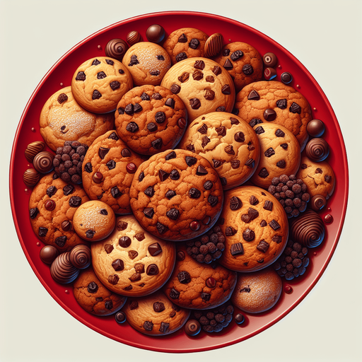 photorealistic red plate of cookies, profile view.