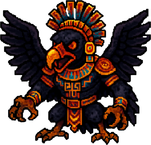 Genérame una Zopilote Rey guerrero azteca con eso patrones, estilo pixelar, con una apariencia maligna, ojos rojos, rabioso. Unidad aerea con alas. Animal.
In-Game asset.  2d.  High contrast.  No shadows