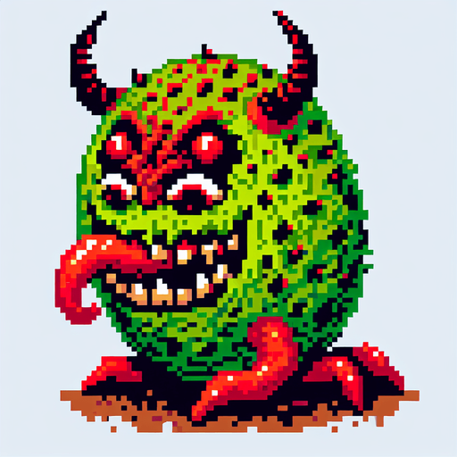 a demonic kiwi, pixel style.
Single Game Texture.  In-Game asset.  2d.  Blank background.  High contrast.  No shadows