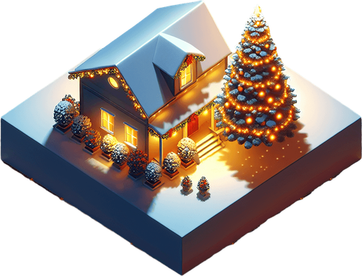 overhead view of simple box house christmas decorations giant christmas tree out front video game asset 2d blank background Single Game Texture. In-Game asset. 2d. Blank background. High contrast. No shadows.