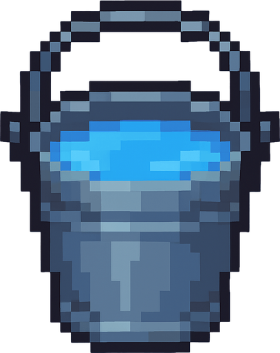 iron bucket, pixelart, water.
In-Game asset.  2d.  High contrast.  No shadows