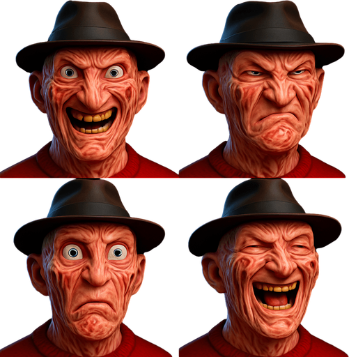 3D Scary and funny face meme Freddy Krueger. different faces look. face only
In-Game asset.  3D.  High contrast.  No shadows. face only